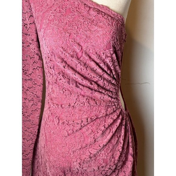 Saylor Pink Lace Velvet Long Sleeve One Shoulder Ruched Cut Out Mini Dress XS - Picture 7 of 10